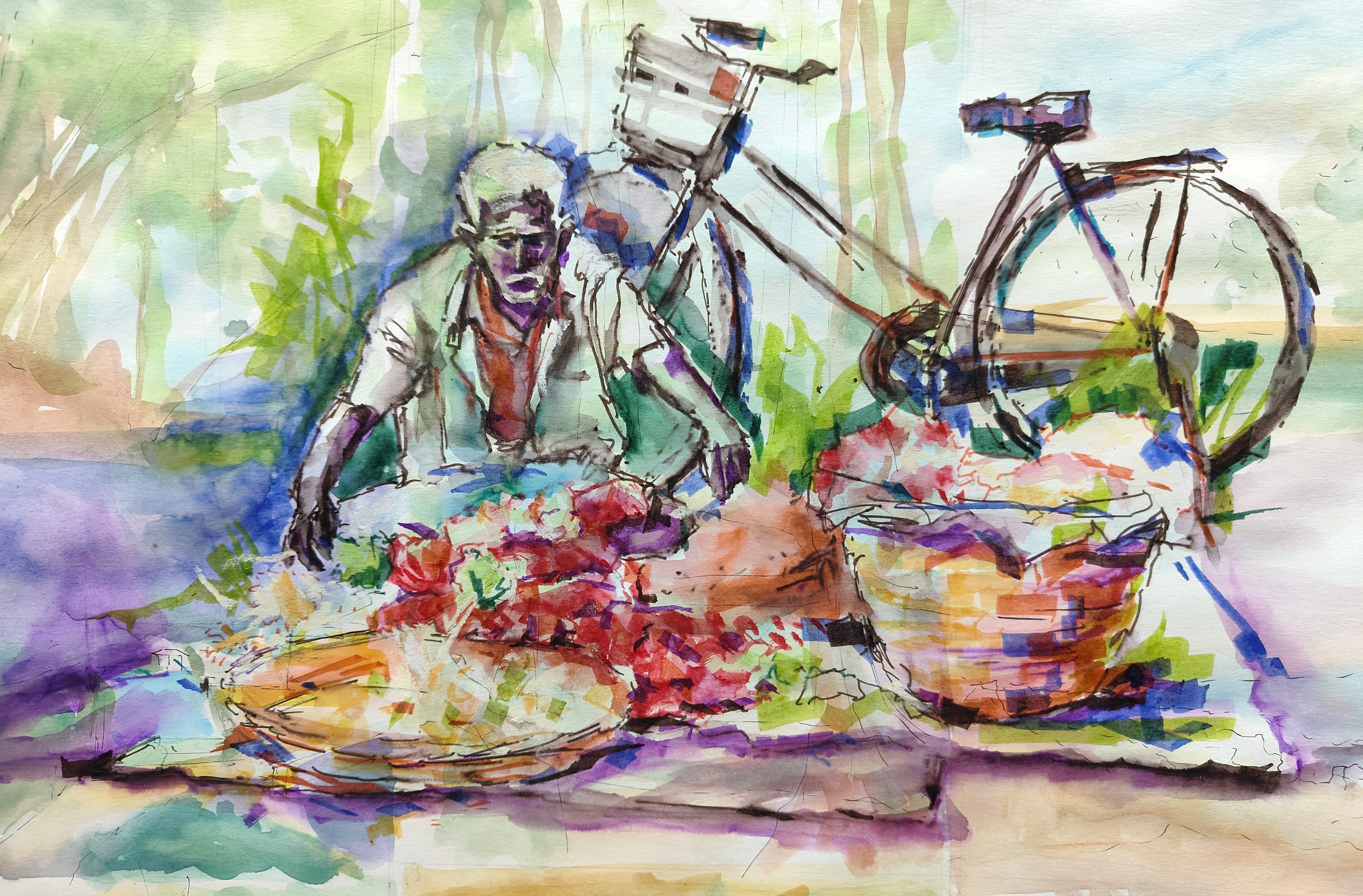 Phoolwale Uncle, an ink drawing of a flower seller seated beside baskets and a bicycle.