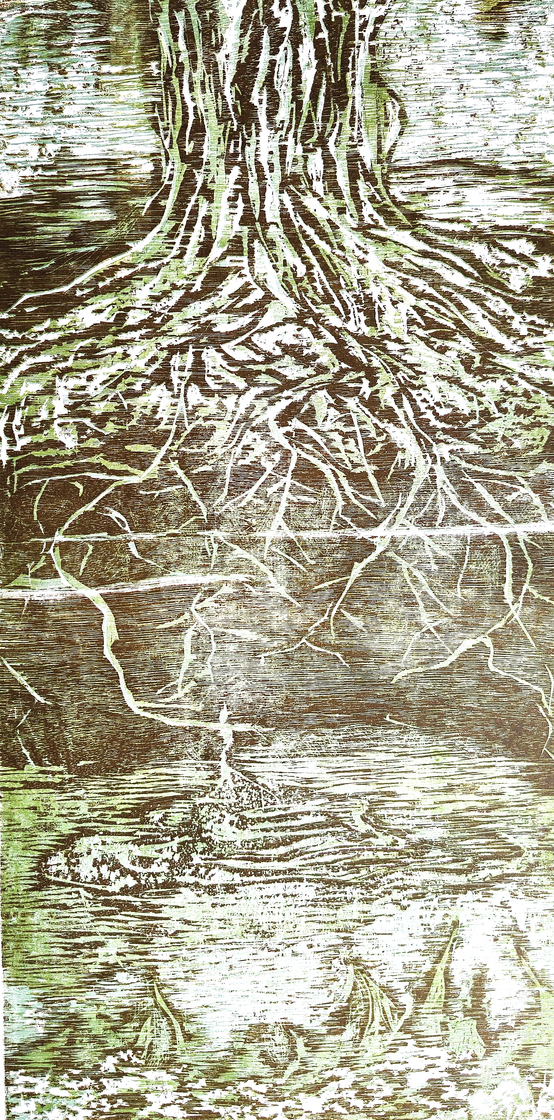 Roots, a relief print of a tree trunk and its spreading roots.